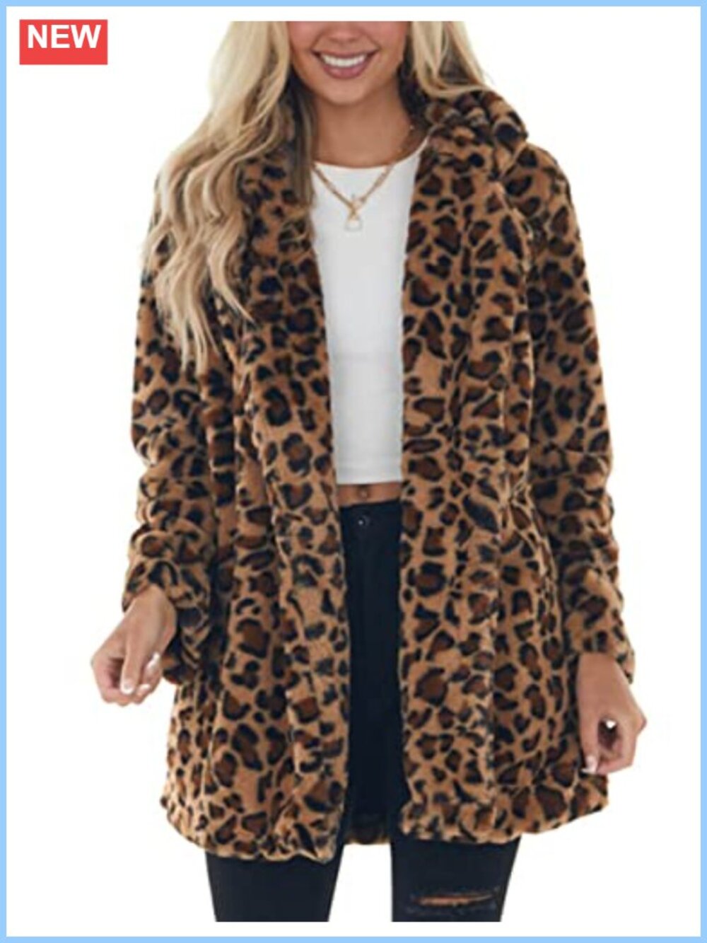Women's Faux Fur Leopard Coat Open Front Loose Fit with Pockets